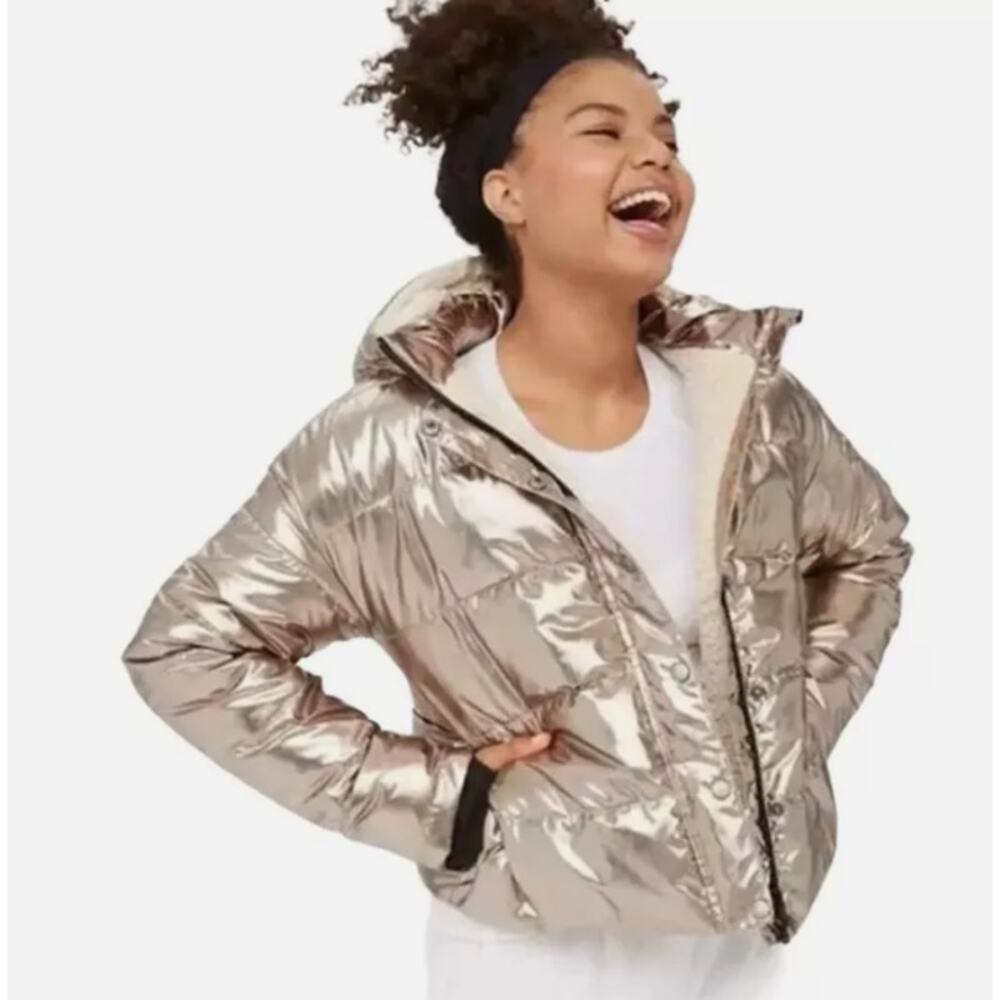 Aerie Offline NWT $129 XS Metallic Gold Puffer Coat Sherpa Lined